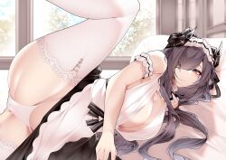 Rule 34 | 1girl, absurdres, apron, august von parseval (azur lane), august von parseval (the conquered unhulde) (azur lane), azur lane, black dress, breasts, center opening, cross-laced clothes, cross-laced dress, dress, grey hair, hair over one eye, highres, horns, indoors, lace, lace-trimmed legwear, lace trim, large breasts, long hair, lying, mechanical horns, official alternate costume, on bed, on side, one eye covered, panties, samip, sleeveless, sleeveless dress, solo, spread legs, thighhighs, thighs, two-tone dress, underwear, very long hair, waist apron, white apron, white dress, white panties, white thighhighs, window