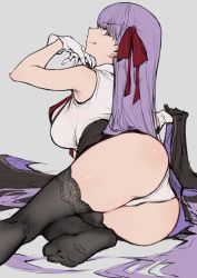 Rule 34 | 1girl, ass, bare shoulders, bb (fate), bb (fate/extra), black coat, black thighhighs, breasts, coat, unworn coat, fate/extra, fate/extra ccc, fate (series), feet, gloves, grey background, hair ribbon, haoni, high-waist skirt, highres, large breasts, legs, leotard, licking lips, long hair, looking at viewer, looking back, neck ribbon, purple eyes, purple hair, red ribbon, ribbon, simple background, skirt, smile, solo, thighhighs, thighs, tongue, tongue out, very long hair, white gloves, white leotard