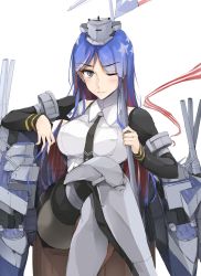 Rule 34 | 1girl, ;), black eyes, black legwear, black necktie, blue hair, breasts, closed mouth, crossed legs, detached sleeves, headgear, highres, holding, kantai collection, large breasts, long hair, machinery, multicolored hair, necktie, one eye closed, red hair, simple background, sketch, smile, solo, south dakota (kancolle), star (symbol), white background, white hair, zekkyon