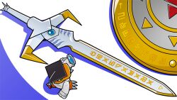 Rule 34 | agumon hakase, artist request, digimoji, digimon, digimon (creature), from above, hat, holding, holding magnifying glass, lab coat, magnifying glass, mortarboard, no humans, official art, shield, sleeves past fingers, sleeves past wrists, sword, weapon