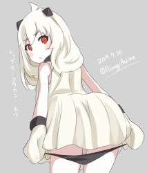 Rule 34 | 10s, 1girl, :o, abyssal ship, ass, black panties, blush, colored skin, cowboy shot, dated, dress, from behind, horns, kantai collection, looking at viewer, mittens, northern ocean princess, orange eyes, panties, panty pull, shuuichi, sleeveless, sleeveless dress, solo, twitter username, underwear, white dress, white hair, white skin