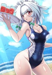 Rule 34 | 1girl, absurdres, beach, bird, black one-piece swimsuit, blue sky, bow, braid, breasts, cameltoe, cleavage, competition swimsuit, cowboy shot, cup, doku yanagi, drinking glass, green bow, grey hair, groin, hair bow, hair intakes, highleg, highres, holding, holding tray, horizon, izayoi sakuya, looking at viewer, maid headdress, medium breasts, ocean, one-piece swimsuit, open mouth, outdoors, red eyes, side braids, sky, solo, standing, swimsuit, thighs, touhou, tray, twin braids