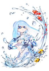 Rule 34 | 1girl, black shorts, blue eyes, blue hair, blunt bangs, blunt ends, clownfish, commentary, dapple dualies (splatoon), fish, highres, holding, holding weapon, hood, hood down, hoodie, inkling, inkling girl, inkling player character, jacket, leg up, long hair, long sleeves, nintendo, nomu (29 nom), parted lips, pointy ears, sandals, short shorts, shorts, solo, splatoon (series), splatoon 2, standing, standing on one leg, tentacle hair, water, water drop, weapon, white background, white footwear, white jacket