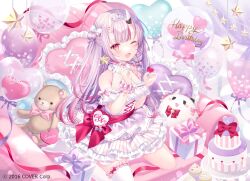 Rule 34 | 1girl, ;d, alternate costume, alternate hairstyle, balloon, blush, bow, box, cake, cake stand, character name, choker, collar, copyright name, couch, cross-laced clothes, cupcake, cushion, dress, english text, fang, food, frilled collar, frilled dress, frills, gift, gift box, gradient hair, grey hair, hair bow, happy birthday, heart, heart balloon, highres, holding, holding wand, hololive, horns, initial, kneeling, long hair, multicolored hair, nakiri ayame, off-shoulder dress, off shoulder, official art, one eye closed, oni, open mouth, pink bow, pink choker, pink ribbon, pink scrunchie, plate, polka dot, poyoyo (nakiri ayame), purple ribbon, red bow, red eyes, red hair, red sash, ribbon, sash, scrunchie, single thighhigh, skin-covered horns, smile, solo, star (symbol), streaked hair, striped clothes, stuffed animal, stuffed toy, teddy bear, thighhighs, tiara, vertical-striped clothes, virtual youtuber, wand, wasabi (sekai), white bow, white dress, white scrunchie, white thighhighs, wrist scrunchie