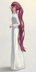 Rule 34 | 1girl, absurdres, closed mouth, dress, from side, full body, grey background, highres, keibi inu, long dress, long hair, long sleeves, looking at viewer, red eyes, red hair, smile, solo, standing, sugiura ayano, tying hair, very long hair, white dress, yuru yuri