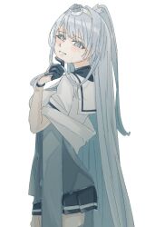 Rule 34 | 1girl, black gloves, black skirt, commentary request, commission, corset, cowboy shot, fuyutsuki (kancolle), gloves, grey eyes, grey hair, grey shawl, headband, headgear, highres, kantai collection, long hair, looking at viewer, looking back, one side up, pleated skirt, sailor collar, school uniform, serafuku, shawl, simple background, skirt, solo, white background, white headband, white sailor collar, yama (yam0a)