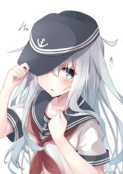 Rule 34 | 10s, 1girl, anchor symbol, arm up, blue eyes, blue hair, blush, collarbone, eyebrows, flat cap, hair between eyes, hat, hibiki (kancolle), highres, kantai collection, long hair, looking at viewer, matching hair/eyes, neckerchief, one eye covered, open mouth, school uniform, serafuku, short sleeves, simple background, solo, squiggle, sweat, text focus, translated, twitter username, upper body, white background, yakitori (yakitori06)