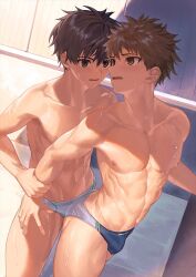 Rule 34 | 2boys, against wall, arm grab, ass, behind another, blue male swimwear, brown eyes, brown hair, bulge, collarbone, commentary request, cowboy shot, day, dripping, dutch angle, eye contact, face-to-face, grabbing another&#039;s arm, hair between eyes, hand on another&#039;s thigh, hand up, highres, linea alba, looking at another, looking back, male focus, male swimwear, multicolored male swimwear, multiple boys, navel, nayoshi (r-744), nipples, original, outdoors, parted lips, pectorals, ribs, shade, short hair, spiked hair, standing, sunlight, swim briefs, toned, toned male, twisted torso, wet, wet male swimwear, white male swimwear, yaoi