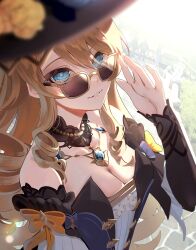 Rule 34 | 1girl, bare shoulders, bead necklace, beads, blonde hair, blue eyes, blurry, blurry foreground, breasts, brooch, cleavage, depth of field, detached collar, drill hair, genshin impact, hand up, highres, jewelry, layered sleeves, long hair, long sleeves, looking at viewer, looking over eyewear, medium breasts, navia (genshin impact), necklace, parted lips, shirt, short over long sleeves, short sleeves, smile, solo, strapless, strapless shirt, sunglasses, upper body, v burger103, white shirt, yellow-framed eyewear