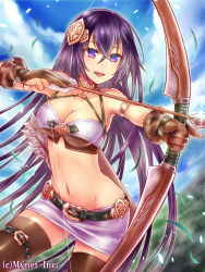 Rule 34 | 1girl, angelmaster, belt, bow (weapon), breasts, choker, gloves, large breasts, long hair, miniskirt, navel, neme, official art, purple eyes, purple hair, skirt, smile, solo, thigh strap, thighhighs, weapon