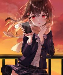 Rule 34 | 1girl, absurdres, bad id, bad pixiv id, black jacket, blazer, brown hair, cellphone, dress shirt, floating hair, flower, gradient sky, grey skirt, hair between eyes, hair flower, hair ornament, highres, holding, holding phone, jacket, long hair, long sleeves, looking at viewer, miniskirt, moka 01, open clothes, open jacket, open mouth, orange scarf, original, outdoors, phone, plaid, plaid skirt, pleated skirt, red eyes, red sky, scarf, school uniform, shirt, skirt, sky, smartphone, solo, standing, sunset, white neckwear, white shirt, yellow sky