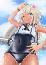 Rule 34 | &gt;;), 10s, 1girl, blonde hair, blue eyes, blue sky, blush, breasts, cloud, covered navel, cowboy shot, crop top, day, dripping, flower, from below, hair flower, hair ornament, hand on own hip, kantai collection, long hair, looking at viewer, old school swimsuit, one-piece swimsuit, one eye closed, outdoors, remil, ro-500 (kancolle), sailor collar, school swimsuit, school uniform, serafuku, shiny clothes, sky, sleeveless, small breasts, smile, solo, swimsuit, swimsuit under clothes, tan, tanline, torpedo, v-shaped eyebrows, wet, wristband