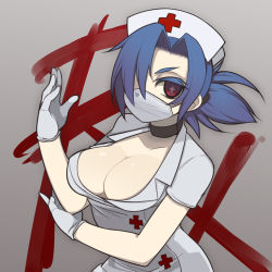 Rule 34 | 1girl, blue hair, breasts, choker, cleavage, gloves, hair over one eye, hat, highres, large breasts, mask, mouth mask, nurse, nurse cap, oza watto, red eyes, skullgirls, solo, surgical mask, valentine (skullgirls), white gloves