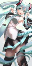 Rule 34 | 1girl, 39, absurdly long hair, absurdres, aqua belt, aqua eyes, aqua hair, aqua nails, aqua necktie, armpits, bare shoulders, belt, black skirt, black thighhighs, blurry, blurry background, breasts, chromatic aberration, collared shirt, colored eyelashes, contrapposto, depth of field, detached sleeves, eyelashes, facing viewer, feet out of frame, fingernails, floating hair, gouya daifuku, grey background, grey shirt, hair between eyes, hands up, happy, hatsune miku, headset, highres, holding, holding own hair, legs apart, light blush, light particles, long hair, looking to the side, medium breasts, nail polish, necktie, open mouth, pleated skirt, shirt, simple background, skirt, sleeveless, sleeveless shirt, solo, standing, straight hair, tareme, teeth, thighhighs, tie clip, twintails, underboob, upper teeth only, very long hair, vocaloid, zettai ryouiki