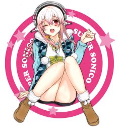 Rule 34 | 1girl, ;d, breasts, headphones, hood, hoodie, large breasts, long hair, looking at viewer, nitroplus, one eye closed, open mouth, pink hair, pom pom (clothes), red eyes, ryokuya, smile, solo, super sonico