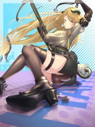 Rule 34 | 1girl, arknights, arm up, artist name, ass, black footwear, black gloves, black panties, black ribbon, black skirt, blonde hair, bow (weapon), breasts, commentary, crossbow, elbow gloves, foreshortening, gloves, grey sweater, hair ribbon, high heels, highres, holding, holding bow (weapon), holding crossbow, holding weapon, horns, long hair, looking at viewer, low-tied long hair, medium breasts, meteorite (arknights), miniskirt, panties, redn art, ribbon, signature, skirt, smile, solo, sweater, thigh strap, thighhighs, thighs, underwear, very long hair, weapon, yellow eyes