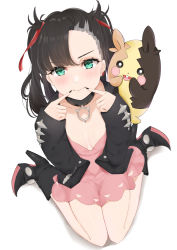 Rule 34 | 1girl, absurdres, black footwear, black hair, black nails, blush, blush stickers, bow, breasts, choker, cleavage, commentary request, creatures (company), dress, fingernails, fingers to mouth, fingersmile, from above, game freak, gen 8 pokemon, green eyes, hair bow, high heels, highres, long fingernails, long sleeves, looking at viewer, marnie (pokemon), morpeko, morpeko (full), nail polish, nintendo, pink dress, pokemon, pokemon (creature), pokemon swsh, red ribbon, ribbon, sitting, small breasts, twintails, uiri-na, undercut, wariza, white background