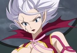 Rule 34 | 1girl, blue eyes, breasts, cleavage, crack, demon, demon girl, elf, fairy tail, female focus, large breasts, lips, lipstick, long hair, makeup, mirajane strauss, pointy ears, red lips, ribbon, scarf, solo, stitched, third-party edit, white hair, wide-eyed, wings
