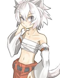 Rule 34 | 1girl, androgynous, animal ears, bad id, bad pixiv id, bare shoulders, belt, female focus, flat chest, hand on own hip, inubashiri momiji, long sleeves, looking at viewer, midriff, navel, nexs (akl), no headwear, no shirt, sarashi, simple background, solo, tail, touhou, white background, wide sleeves, wolf ears, wolf tail