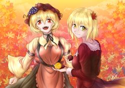 Rule 34 | 2girls, absurdres, aki minoriko, aki shizuha, akuron, apron, autumn, autumn leaves, black neckwear, black skirt, blonde hair, bow, breasts, cloud, food, food-themed hair ornament, fruit, gradient clothes, gradient skirt, grape hair ornament, grapes, hair ornament, hat, highres, huge filesize, large breasts, leaf, leaf hair ornament, leaf on head, long sleeves, looking at viewer, maple leaf, mob cap, multiple girls, open mouth, orange eyes, orange sky, outdoors, red apron, red eyes, red headwear, red shirt, red skirt, shirt, short hair, signature, skirt, sky, small breasts, smile, sweet potato, touhou, wide sleeves, yellow eyes, yellow shirt