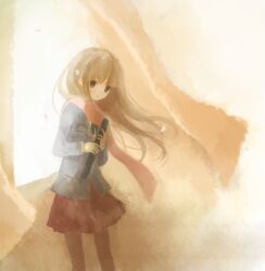 Rule 34 | 1girl, black pantyhose, blunt bangs, brown eyes, brown hair, commentary request, curtains, diploma, graduation, grey jacket, holding, holding diploma, indoors, jacket, long hair, long sleeves, looking at viewer, mikanniro, original, pantyhose, red skirt, scarf, skirt, solo, standing, wind
