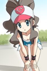 Rule 34 | 1girl, asamaru1225, baseball cap, bent over, black vest, black wristband, breasts, brown hair, cleavage, collarbone, commentary request, creatures (company), day, downblouse, exposed pocket, eyelashes, game freak, green eyes, hat, high ponytail, highres, hilda (pokemon), long hair, looking at viewer, nintendo, outdoors, parted lips, pokemon, pokemon bw, shirt, short shorts, shorts, sidelocks, sleeveless, sleeveless shirt, small breasts, solo, vest, white shirt, wristband