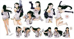 Rule 34 | 1girl, black hair, breasts, china dress, chinese clothes, closed mouth, dress, elbow gloves, giant robo, ginrei (giant robo), gloves, gun, hamu fukurou, holding, jewelry, long hair, looking at viewer, mackintosh rose, medium breasts, multiple views, necklace, open mouth, simple background, smile, weapon, white background
