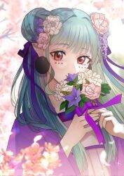 Rule 34 | 1600pommsky, 1girl, aqua hair, bellflower, bouquet, cherry blossoms, chinese bellflower, chinese clothes, choppy bangs, corrupted twitter file, covered mouth, double bun, dress, earrings, facial mark, flower, gardenia (flower), hair bun, hair flower, hair ornament, hair ribbon, hanfu, highres, holding, holding bouquet, jacket, jewelry, long hair, looking at viewer, mochi (1600pommsky), orange eyes, original, pink flower, pointy ears, purple flower, purple jacket, purple ribbon, qixiong ruqun, ribbon, ruqun, smile, solo, tree, upper body, white dress, white flower, wisteria