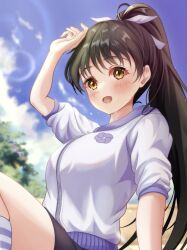 Rule 34 | 1girl, bow, brown hair, hair bow, hazuki ren, highres, long hair, looking at viewer, love live!, love live! superstar!!, open mouth, sa07 drawing, short sleeves, smile, solo, yellow eyes