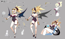 Rule 34 | 1girl, bat wings, bikini, blonde hair, breasts, cleavage, concept art, demon wings, disgaea, disgaea rpg, high heels, highres, japanese text, large breasts, multiple views, nail polish, one-piece swimsuit, rozalin, standing, strapless, strapless one-piece swimsuit, sunglasses, sunglasses on head, swimsuit, wings