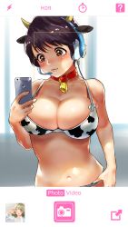 Rule 34 | 10s, 1girl, animal ears, animal print, bell, belt, bikini, blonde hair, blue eyes, blurry, blush, border, breasts, brown eyes, brown hair, cable, cameo, claw pose, closed mouth, collar, cow ears, cow horns, cow print, depth of field, eyebrows, fake animal ears, head tilt, headphones, headset, highres, holding, holding phone, horns, idolmaster, idolmaster cinderella girls, jorori, large breasts, lens flare, microphone, neck bell, oikawa shizuku, one eye closed, phone, fake phone screenshot, product placement, shade, shiny skin, shirt, short hair, smile, solo, stomach, strap gap, swept bangs, swimsuit, takagaki kaede, taking picture, upper body, very short hair, viewfinder, white shirt