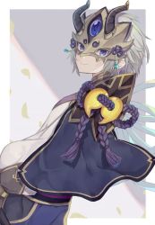 Rule 34 | 1boy, blue eyes, fake horns, fate/grand order, fate (series), prince of lan ling (fate), horned headwear, horned mask, horns, jewelry, looking at viewer, male focus, mask, short hair, silver hair, simple background, smile, totatokeke
