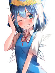 Rule 34 | 1girl, ;d, absurdres, aoyama tenchou, bloom, blue dress, blurry, blush, cirno, depth of field, dress, flat chest, flower, flower request, grin, hand up, head wreath, highres, ice, ice wings, looking at viewer, one eye closed, open mouth, overexposure, pointy ears, short sleeves, sidelighting, smile, solo, touhou, upper body, wing collar, wings, yellow flower