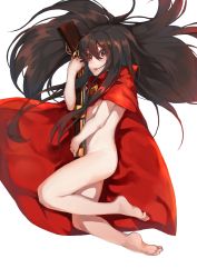 Rule 34 | 1girl, barefoot, black hair, cape, commentary request, fate/grand order, fate (series), from side, full body, gun, hair between eyes, highres, holding, holding gun, holding weapon, koha-ace, legs up, long hair, mugcup, naked cape, oda nobunaga (fate), oda nobunaga (koha-ace), open mouth, red cape, red eyes, simple background, solo, weapon, white background