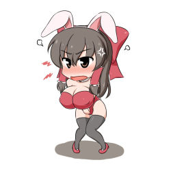 Rule 34 | 1girl, anger vein, angry, animal ears, black thighhighs, blush, bow, breasts, brown eyes, brown hair, chibi, covered erect nipples, curvy, d:, d:&lt;, hair bow, hair tubes, hakurei reimu, high heels, large bow, large breasts, leotard, long hair, moyashi udon, open mouth, pigeon-toed, playboy bunny, puffy nipples, rabbit ears, red bow, red leotard, solo, steam, thighhighs, touhou, tsurime, v-shaped eyebrows, v arms