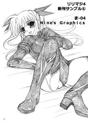Rule 34 | 00s, 1girl, :d, blush, bodysuit, boots, breasts, cameltoe, covered erect nipples, crotch, dutch angle, fate testarossa, from above, garter straps, genshi, gloves, greyscale, hair ribbon, hand on own chest, high heel boots, high heels, knee up, large breasts, leotard, lineart, long hair, looking at viewer, lying, lyrical nanoha, magical girl, mahou shoujo lyrical nanoha, mahou shoujo lyrical nanoha strikers, monochrome, on back, open mouth, page number, parted bangs, ribbon, sidelocks, sketch, skin tight, smile, solo, spread legs, thigh boots, thighhighs, thighs, turtleneck, twintails