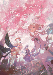 Rule 34 | 3girls, ayaka (genshin impact), blonde hair, blue hair, brown eyes, cherry blossoms, commentary request, covering own mouth, detached sleeves, dress, falling petals, fan over face, folding fan, genshin impact, halo, hand fan, highres, long hair, looking back, lumine (genshin impact), multiple girls, outdoors, paimon (genshin impact), parted lips, petals, pink theme, ponytail, potg (piotegu), purple dress, short hair with long locks, thighhighs, tree, white dress, white hair, white legwear