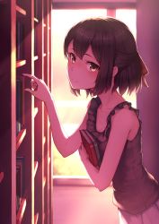 Rule 34 | 1girl, arm up, bad id, bad pixiv id, bare arms, bare shoulders, blush, book, bookshelf, brown eyes, brown hair, brown shirt, closed mouth, collarbone, commentary request, copyright request, fingernails, hair ribbon, indoors, looking at viewer, hugging object, pleated skirt, red ribbon, ribbon, ryuinu, shirt, skirt, sleeveless, sleeveless shirt, smile, solo, sunlight, sunset, white skirt, window