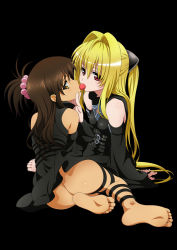 Rule 34 | 2girls, arm support, ass, barefoot, black background, blonde hair, brown hair, cherry, cosplay, feet, female focus, food, fruit, grabbing another&#039;s chin, hair ornament, kiss, konjiki no yami, long hair, looking back, mouth hold, multiple girls, no panties, ponytail, red eyes, simple background, sitting, soles, to love-ru, toes, twintails, yellow eyes, yuri, yuuki mikan