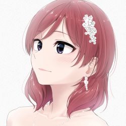 Rule 34 | 1girl, artist name, artist request, blush, collarbone, earrings, female focus, flower, hair between eyes, hair flower, hair ornament, highres, jewelry, looking at viewer, love live!, love live! school idol project, necklace, nishikino maki, parted lips, pearl necklace, purple eyes, red hair, s sho mkrn, short hair, smile, solo