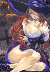 Rule 34 | 1girl, al-10, bare shoulders, breasts, brown hair, cleavage, curvy, detached sleeves, dragon&#039;s crown, dress, hat, hat over one eye, huge breasts, large breasts, one eye covered, red eyes, side slit, solo, sorceress (dragon&#039;s crown), staff, strapless, strapless dress, vanillaware, witch hat