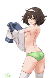 Rule 34 | 1girl, breasts, brown eyes, brown hair, clothes lift, convenient censoring, from side, green panties, hairband, highres, kantai collection, lifting own clothes, no bra, panties, shirt, shirt lift, short hair, short sleeves, simple background, small breasts, solo, t2r, tanikaze (kancolle), thighhighs, underwear, undressing, white background, white hairband, white shirt, white thighhighs