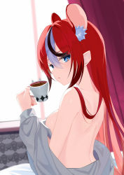 Rule 34 | 1girl, absurdres, animal ear fluff, animal ears, back, bare back, bare shoulders, bite mark, blue eyes, blush, breasts, cup, curtains, hakos baelz, hand up, highres, holding, holding cup, hololive, hololive english, jiang ye kiri, large breasts, long hair, mouse ears, mouse girl, multicolored hair, off shoulder, red hair, shirt, sideboob, solo, streaked hair, tea, teacup, very long hair, virtual youtuber, white shirt, window