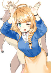 Rule 34 | 1girl, :d, ahoge, blonde hair, blue sweater, braid, breasts, claire sensei, collared shirt, green eyes, hair over shoulder, hands up, highres, hota, long skirt, long sleeves, looking at viewer, medium breasts, one eye closed, open mouth, rabbit pose, reindeer, shirt, single braid, skirt, smile, standing, sweater, virtual youtuber, watch, white shirt, wing collar, wristwatch, yellow skirt
