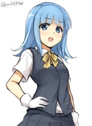 Rule 34 | 10s, 1girl, :o, ascot, blue eyes, blue hair, blunt bangs, collared shirt, don (29219), female focus, gloves, hair ribbon, hand on own hip, hatsukaze (kancolle), hime cut, kantai collection, long hair, looking at viewer, matching hair/eyes, open mouth, ribbon, school uniform, serafuku, shirt, simple background, skirt, solo, twitter username, upper body, white background, white gloves, yellow ribbon