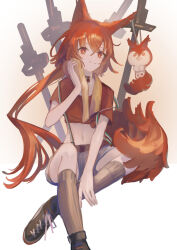 Rule 34 | 1girl, animal ears, arknights, black choker, black footwear, brown socks, choker, crop top, crossed bangs, crossed legs, flametail (arknights), flametail (sport for all) (arknights), foot out of frame, gradient background, grey shorts, hand up, hemorina, highres, kneehighs, long hair, looking at viewer, multiple swords, planted, planted sword, planted weapon, red eyes, red hair, red shirt, shirt, shoes, shorts, smile, sneakers, socks, solo, squirrel ears, squirrel girl, squirrel tail, stuffed squirrel, suspender shorts, suspenders, sword, tail, tied shirt, towel, towel around neck, very long hair, weapon, white background, wiping face, yellow background