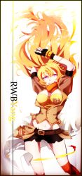 Rule 34 | 1girl, ahoge, arms up, belt, belt buckle, blonde hair, boots, breasts, breasts apart, buckle, character name, cleavage, copyright name, facing viewer, fingerless gloves, floating hair, gloves, grin, hands up, happy, highres, jacket, large breasts, long hair, looking at viewer, midriff, miniskirt, navel, orange scarf, parted lips, purple eyes, rwby, scarf, short sleeves, skirt, smile, solo, standing, tank top, teeth, uguisu (ryu), very long hair, yang xiao long