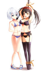 Rule 34 | 2girls, :d, armpits, asymmetrical docking, bare shoulders, bdsm, bikini, black bra, black hair, black legwear, black panties, blue bikini, blue eyes, blue footwear, blush, bondage, bound, bow, bow panties, bra, breast press, breasts, cleavage, clock eyes, date a live, feathers, female focus, full body, garter belt, garter straps, hair ornament, hairband, hairclip, heterochromia, highres, joko jmc, lolita hairband, long hair, looking at another, medium breasts, multiple girls, navel, no shoes, no socks, open mouth, panties, pole, red eyes, role reversal, rope, sandals, short hair, silver hair, simple background, small breasts, smile, swimsuit, symbol-shaped pupils, thighhighs, tickling, tickling armpits, tickling navel, tiptoes, tobiichi origami, tokisaki kurumi, twintails, underwear, white background, yellow eyes, yuri