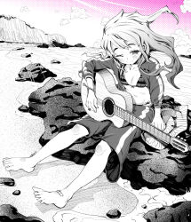 Rule 34 | 1girl, bandaid, bandaid on foot, barefoot, beach, bikini, black bra, blush, bra, breasts, child, cleavage, cloud, doodles, dotted, eudetenis, feet, guitar, holding, holding guitar, holding instrument, instrument, jacket, jacket partially removed, legs, long hair, looking at viewer, navel, no shoes, no socks, one eye closed, original, outdoors, rock, sand, shorts, sitting, sleeves rolled up, small breasts, smile, solo, swimsuit, toes, toes spread, underwear, water