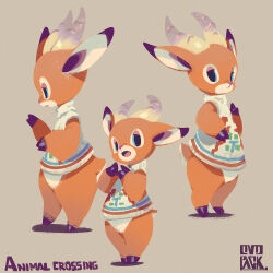 Rule 34 | 1boy, animal crossing, animal ears, artist name, beau (animal crossing), blue eyes, brown background, copyright name, deer boy, deer ears, deer tail, fewer digits, full body, furry, furry male, hands up, highres, hooves, horns, legs together, looking at viewer, male focus, multiple views, murayama ryota, nintendo, open mouth, profile, signature, simple background, standing, sweater, sweater vest, tail, turtleneck, turtleneck sweater, white sweater vest